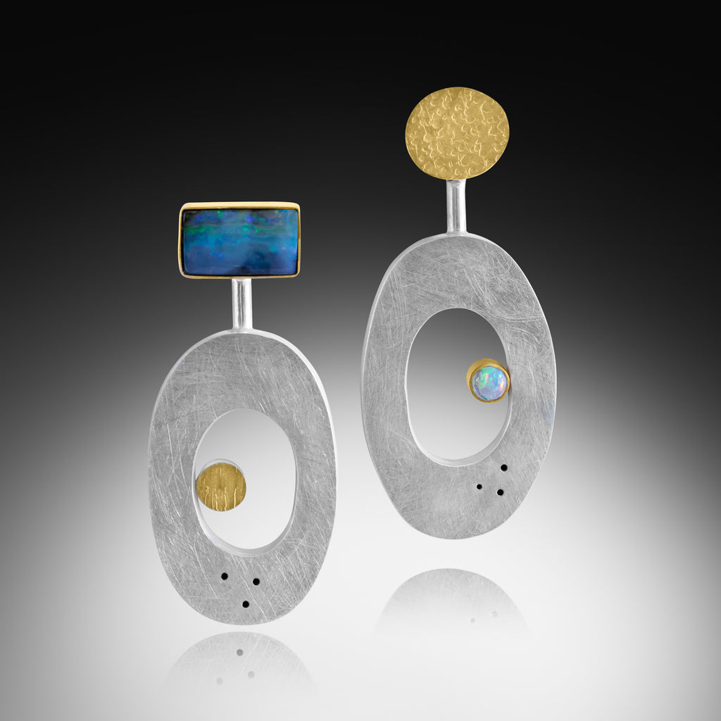 Mismatched “Oval” Australian Opal Earrings with 18K Gold