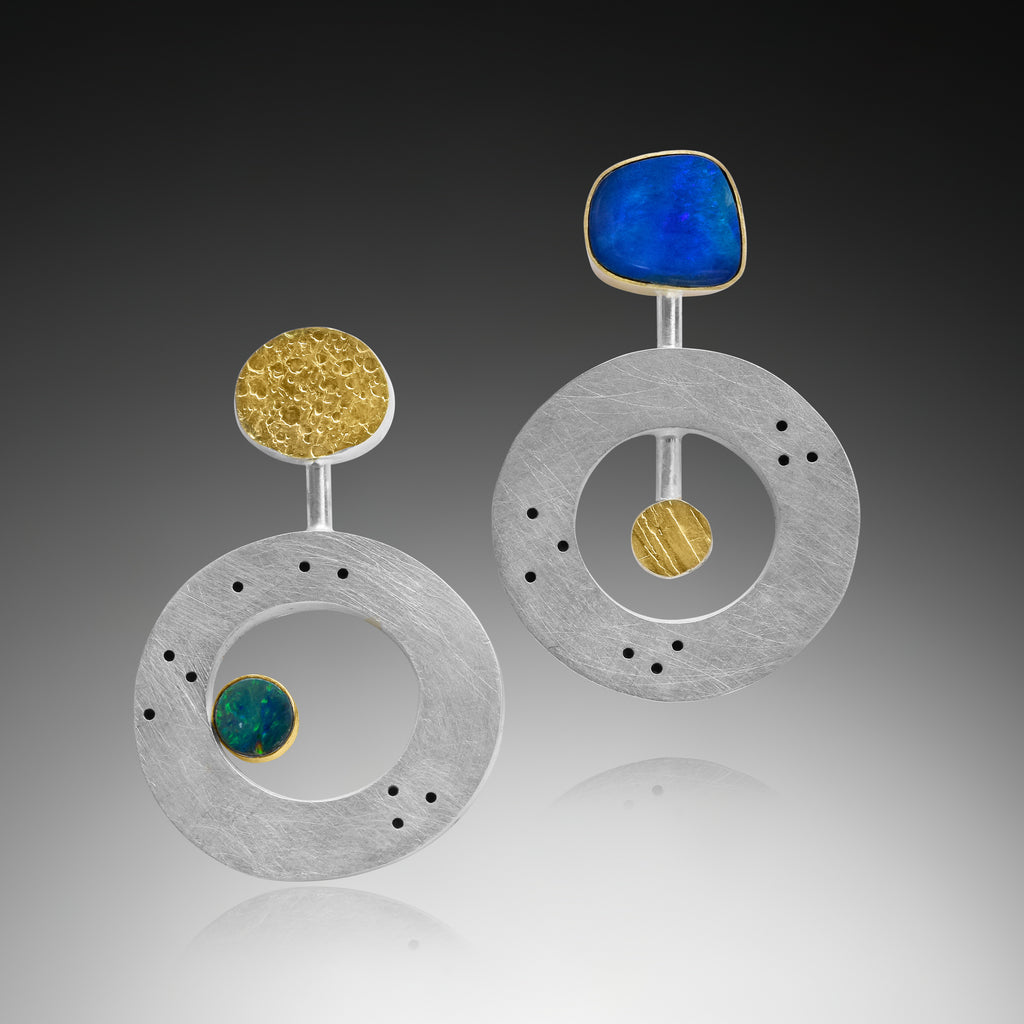 Mismatched “Round” Australian Opal Earrings with 18K Gold